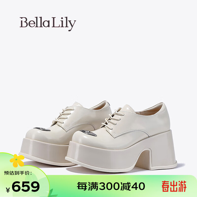 Bella Lily2024春季欧美牛皮增高鞋女粗跟休闲鞋减龄高跟鞋子 米白 35