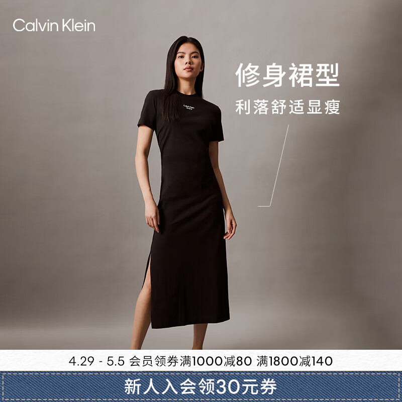 Calvin Klein Jeans24春夏女士休闲开叉纯棉针织圆领T恤连衣裙ZW02584 BEH-太空黑 XS