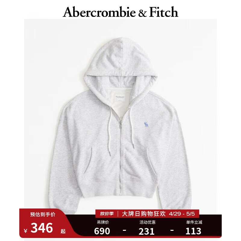 ABERCROMBIE & FITCH女装 24春小麋鹿休闲拉链外套毛圈布连帽卫衣 358698-1 浅灰色 M (165/96A)