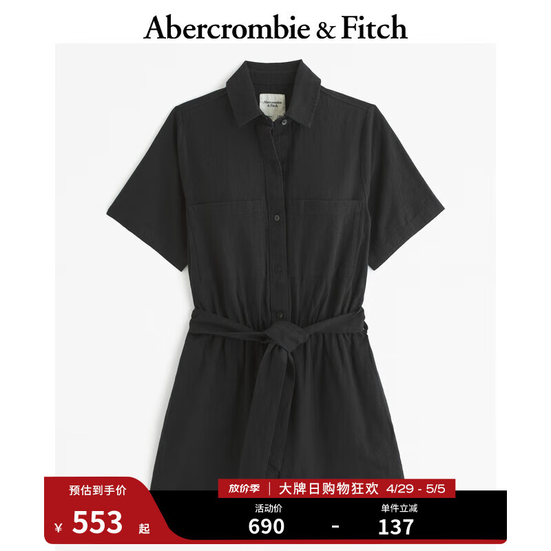 ABERCROMBIE & FITCH女装 24春夏时尚休闲亚麻混纺短袖连体裤KI159-4493 黑色 150/80A XXS短版