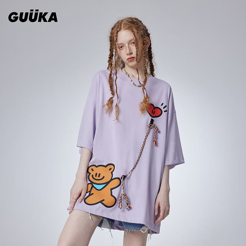 古由卡（GUUKA）xAGAHO联名时尚纯棉短袖T恤女夏潮 童真休闲宽松上衣百搭 浅紫 XS