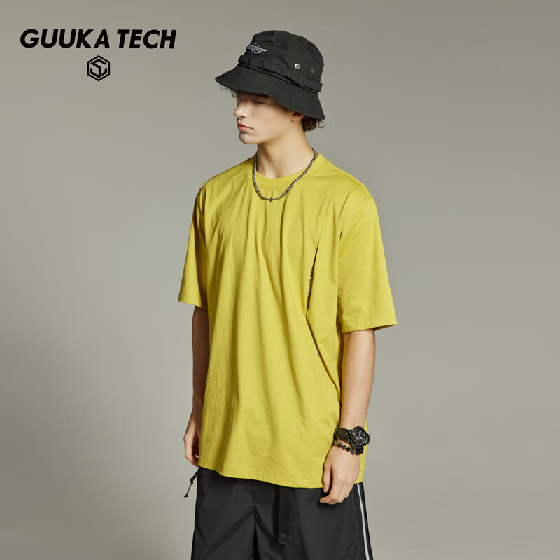 古由卡（GUUKA）TECH机能纯棉简约休闲短袖T恤男夏潮 远足旅行时尚分割宽松衣 姜黄 M