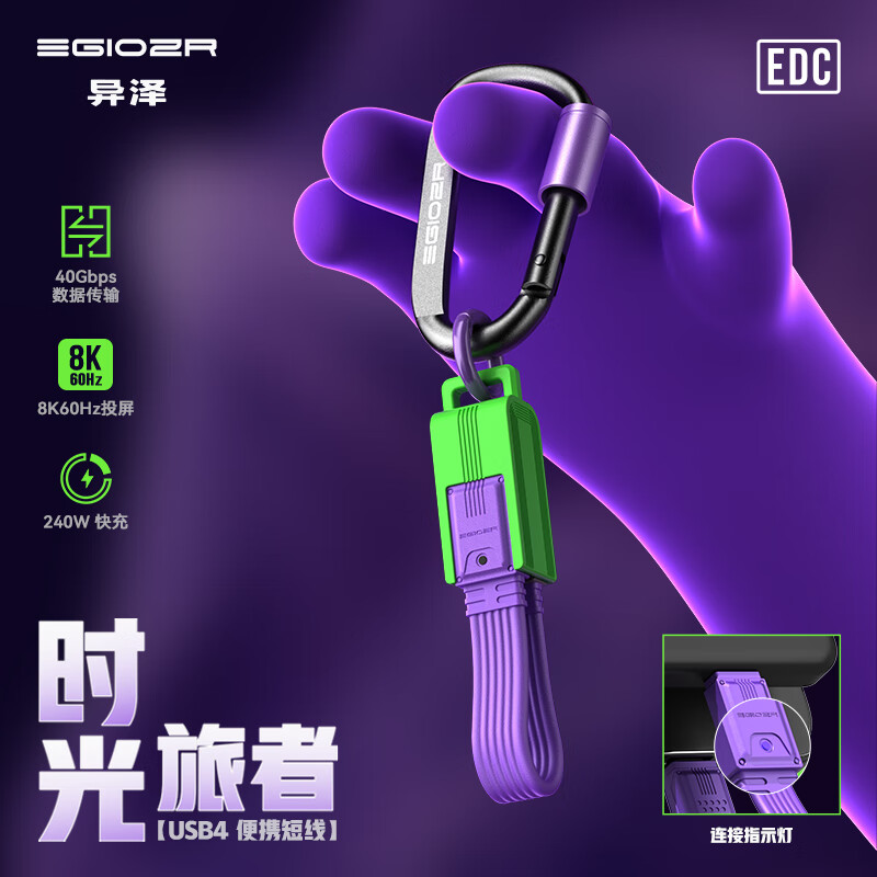 异泽（EGIOZR）双头type-c数据线短USB4雷电4双C口高速硬盘传输iphone15pro充电线ctoc苹果手机快充240W超短便携 时光旅者短线全功能收纳钥匙扣充电宝（电光紫色） 100W华