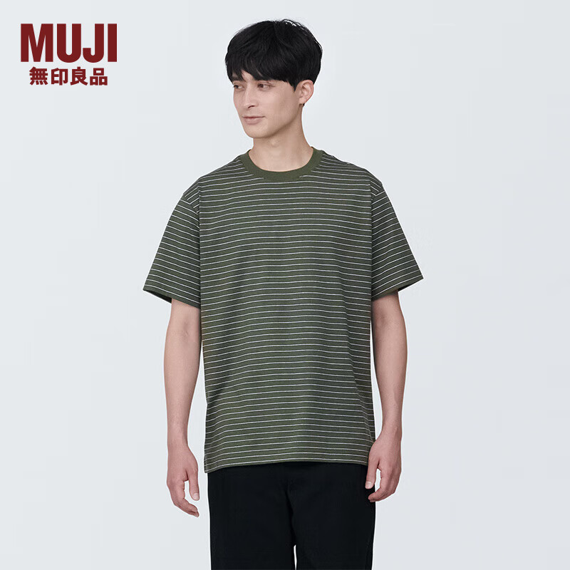 无印良品（MUJI）男式 天竺织圆领短袖T恤男士打底衫男款 夏季AB1MKA4S 深绿色条纹 S (165/84A)