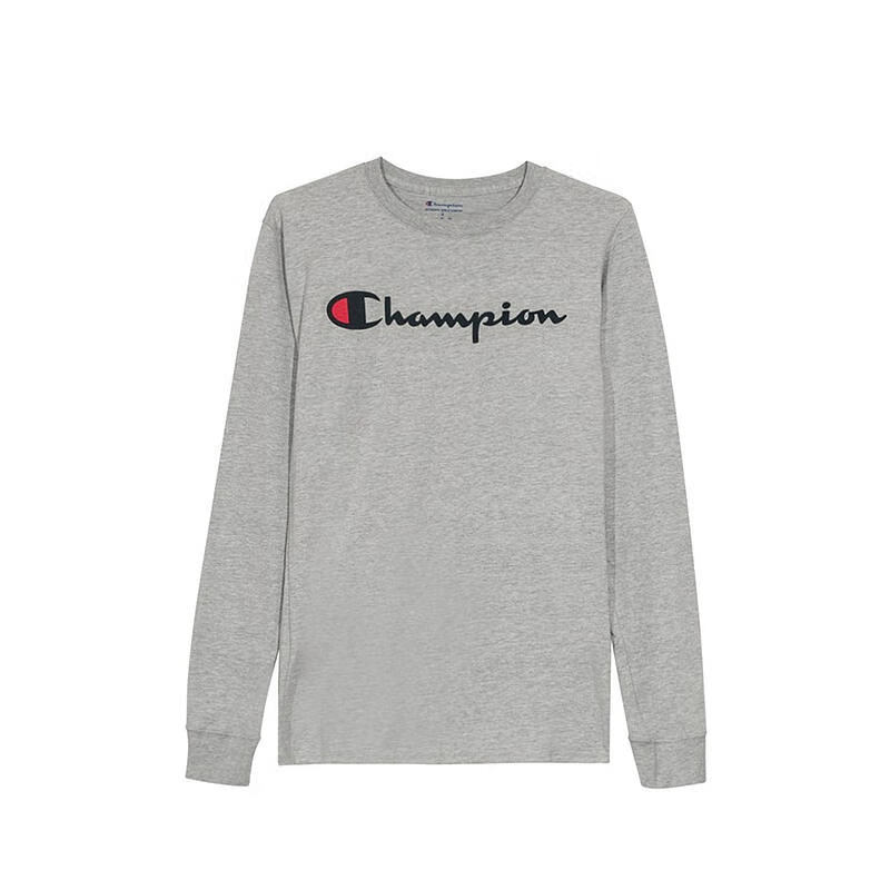 Champion冠军卫衣男 草写logo纯色圆领套头长袖运动T恤打底衫 灰色 XL码