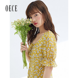 OECE 夏装新款女装 蜜糖樱草黄碎花法式甜美短袖雪纺连衣裙