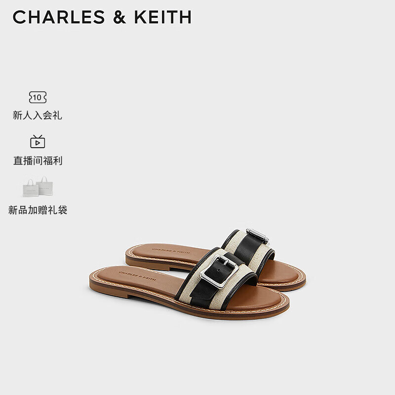 CHARLES&KEITH24夏金属扣饰平底一字拖鞋外穿女CK1-70580230 粉白色Chalk 35