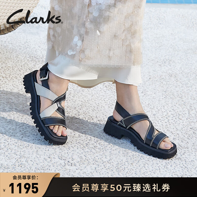 Clarks其乐学院系列女鞋24夏季交叉绑带厚底摩登时尚牛皮凉鞋 黑色 261765174 37