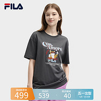 FILA 斐乐 官方女装针织短袖衫2024夏新款时尚宽松纯棉小猫刺绣T恤 仓颉灰-DY 175/92A/XL