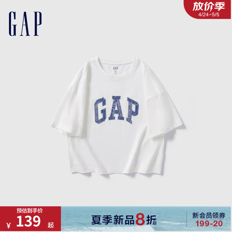 Gap女装2024夏季精梳棉牛仔logo短款短袖T恤宽松上衣496354 白色 170/88A(L) 亚洲尺码