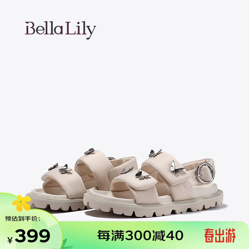 Bella Lily2024春季魔术贴休闲罗马鞋女蝴蝶凉鞋潮流沙滩鞋子 米白 35