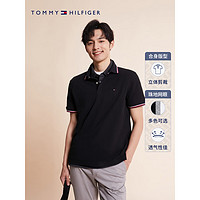 TOMMY HILFIGER【珠地网眼】 男装商务休闲绣标净色镶边微弹短袖POLO衫 黑色BEG- 合身款 L(：150-165斤)