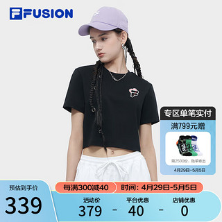 FILA 斐乐 FUSION斐乐潮牌女子针织短袖衫2024夏季时尚T恤 正黑色-BK 175/92A/XL