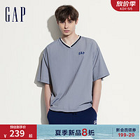 Gap男女装2024夏季撞色V领logo短袖卫衣宽松休闲上衣465601 灰色 170/92A(M) 亚洲尺码