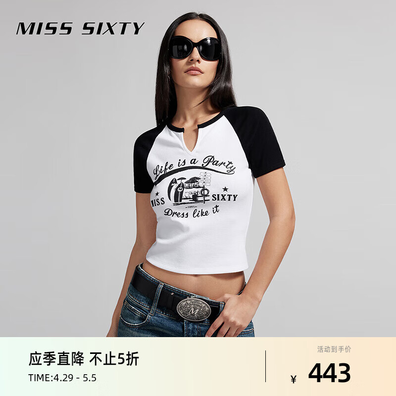 MISS SIXTY2024夏季T恤女美式复古插肩袖拼色印花百搭休闲风 漂白 M
