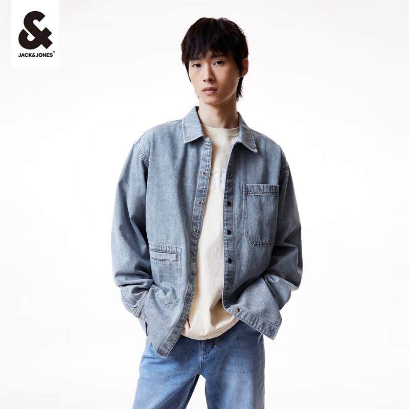 杰克·琼斯（JACK&JONES）春装外套街头休闲纯色衬衣宽松纯棉衬衣牛仔长袖衬衫男装男士 E40浅牛仔蓝 170/92A/S