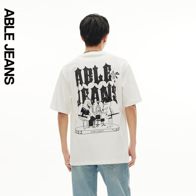 ABLE JEANS 24夏男士TEE北海怪兽印绣花宽松短袖T恤男881222 象牙白 XXS