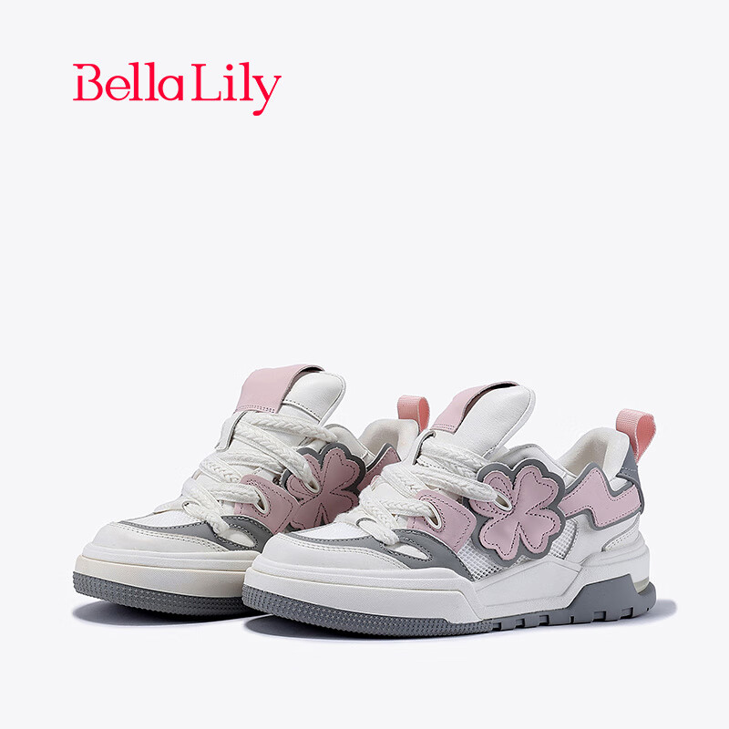 Bella Lily2024春季温柔花朵小白鞋女小众设计板鞋舒适休闲鞋 粉色 35