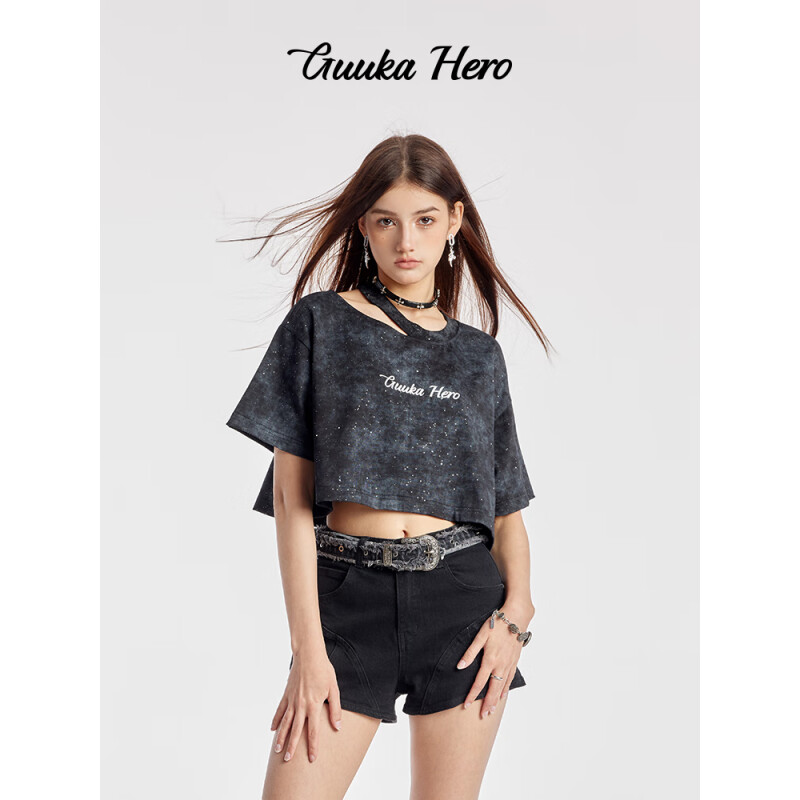 古由卡（GUUKA）HERO美式复古个性字母短袖T恤女夏潮 休闲简约短款上衣显瘦 黑色 L