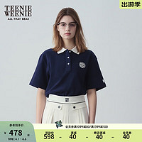 Teenie Weenie小熊2024年夏季华夫格POLO短袖T恤学院风时尚女 藏青色 160/S