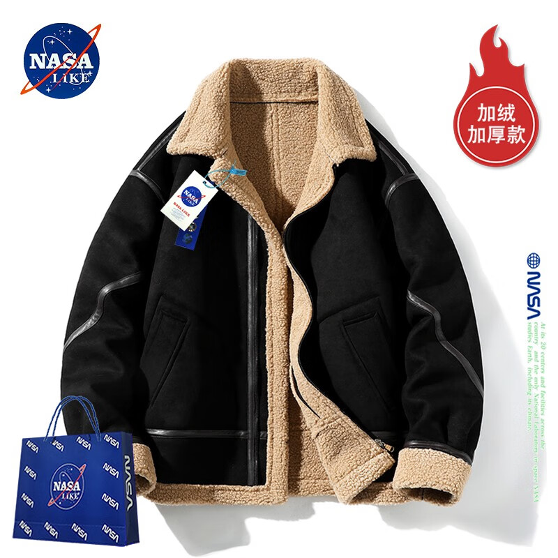 NASA LIKE潮牌棉服冬季复古翻领羊羔毛外套加绒加厚款棉服外套百搭棉衣 黑色 3XL（175-200斤）
