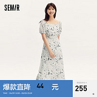 森马（Semir）连衣裙女水墨风满印修身2024夏国风肌理中长裙 黑白色调00391 155/80A/S