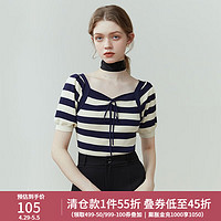 范思蓝恩 23FS12098条纹针织衫，女，新款大方领法式短袖修身上衣 藏青条纹 XS