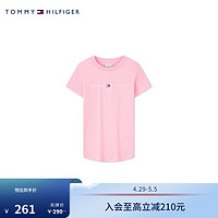 TOMMY HILFIGER 24春夏童装女纯棉简约印花字母圆领短袖T恤TH2212067 粉色006 8/130cm