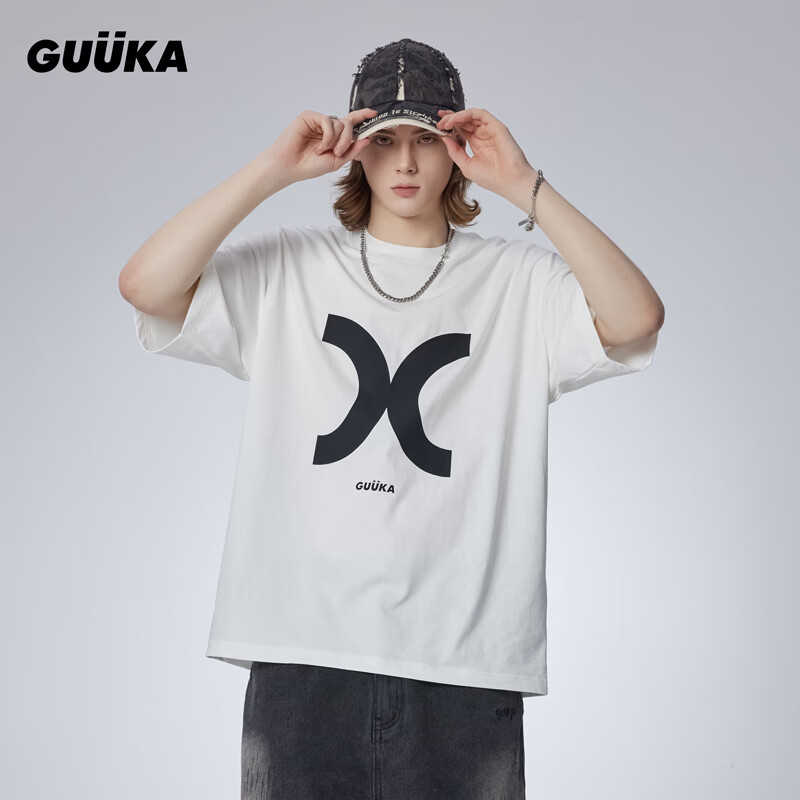 古由卡（GUUKA）潮牌多色休闲短袖T恤男夏潮 美式重磅纯棉上衣宽松易穿搭 白色F7981 L
