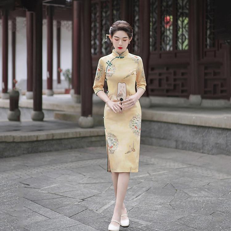 旗袍改良2024年中国风长款复古长袖春季连衣裙年轻款少女