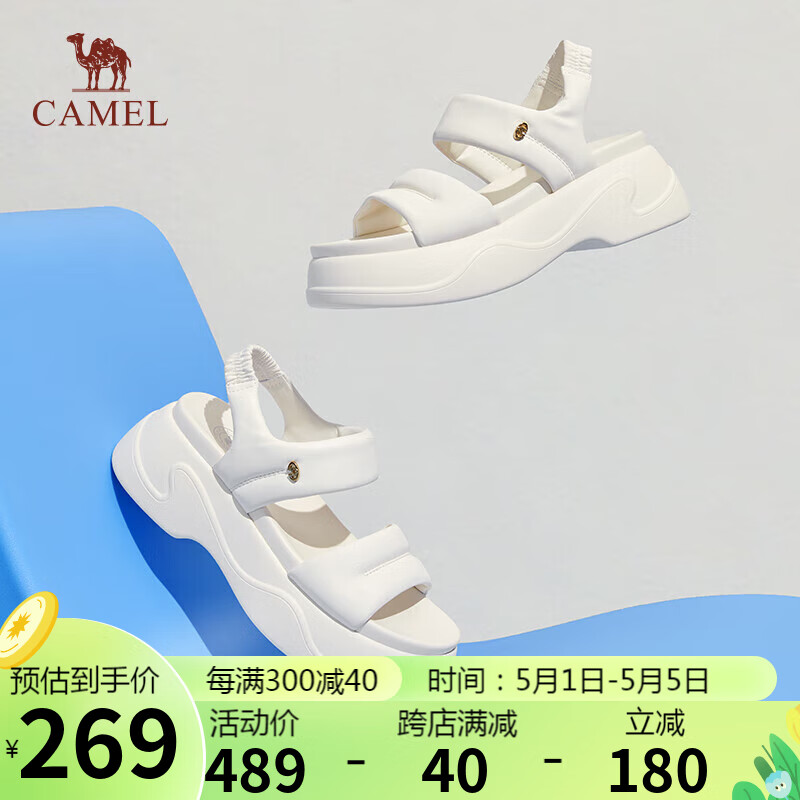 骆驼（CAMEL）面包凉鞋女舒适轻量套脚粗跟休闲凉鞋 L24M007616 米白 35 