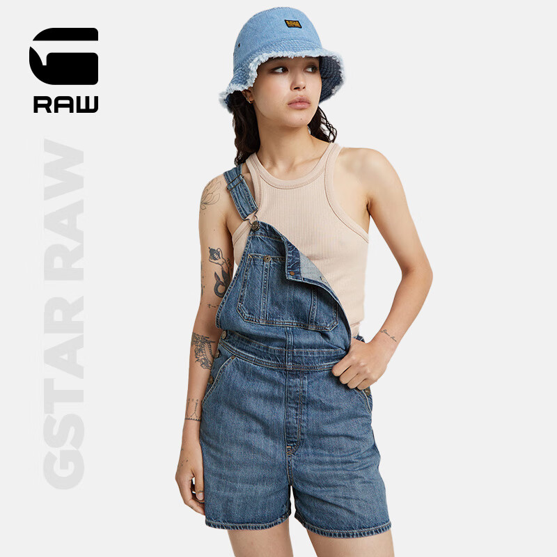 G-STAR RAW2024牛仔休闲背带短裤女士高腰时尚潮流磨毛2024年夏季D24388 褪色牛仔蓝 S