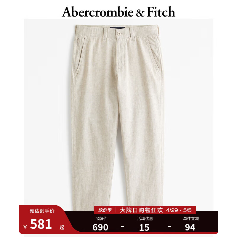 ABERCROMBIE & FITCH男装 24春夏直筒亚麻混纺休闲长裤 KI130-4028 米色织纹 28/30