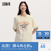 森马（Semir）短袖T恤女中长款明线上衣2024夏时尚宽松印花套头衫小众 米白10301 160/84A/M