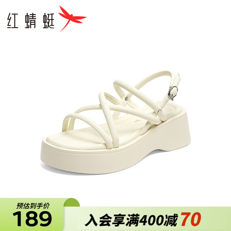红蜻蜓休闲凉鞋2024夏季女鞋罗马凉鞋松糕厚底女士沙滩鞋WTK24058 米白色 34