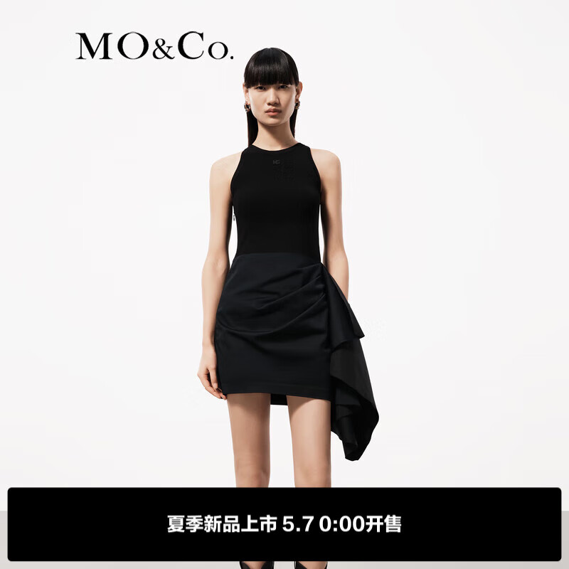 MO&Co.2024夏解构立体蝴蝶结拼接捏褶黑色连衣裙MBD2DRS056 黑色  XS/155