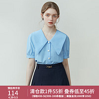 范思蓝恩 23FS12167洋气减龄衬衫，女，设计感小众夏季短袖海军领衬衣 冰川蓝 XS