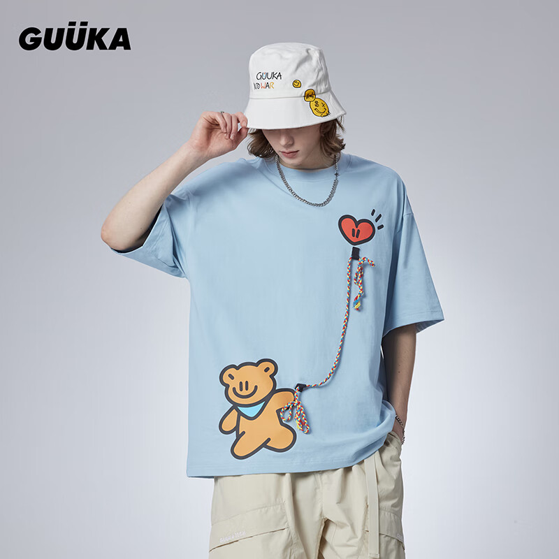 古由卡（GUUKA）xAGAHO联名小熊休闲短袖T恤男夏潮 多色童趣纯棉上衣宽松 钱币蓝F4644 M