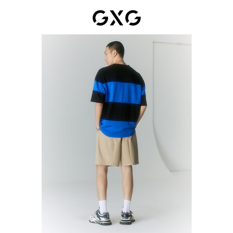 GXG奥莱 多色多款简约休闲宽松圆领短袖T恤男士合集 2024年夏季 蓝黑条纹T恤GD1440400E 165/S