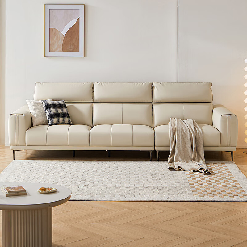 林氏家居现代简约风小户型客厅沙发直排钢琴键头靠可调节科技布沙发BS510 奶酪白|2.76m+脚踏|生态牛皮