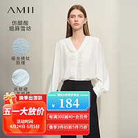 AMII2024春极简纯色知性V领风琴褶直筒长袖仿醋酸雪纺衫女款 米白 160/84A/M