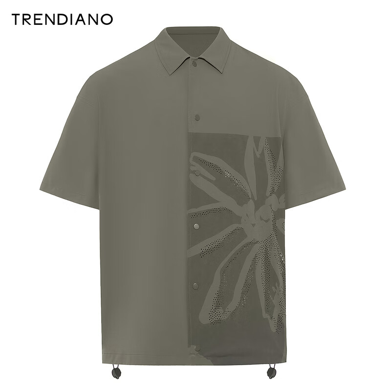 TRENDIANO镂空花卉短袖衬衫2024年夏季军绿色外搭美式上衣男 军绿 M