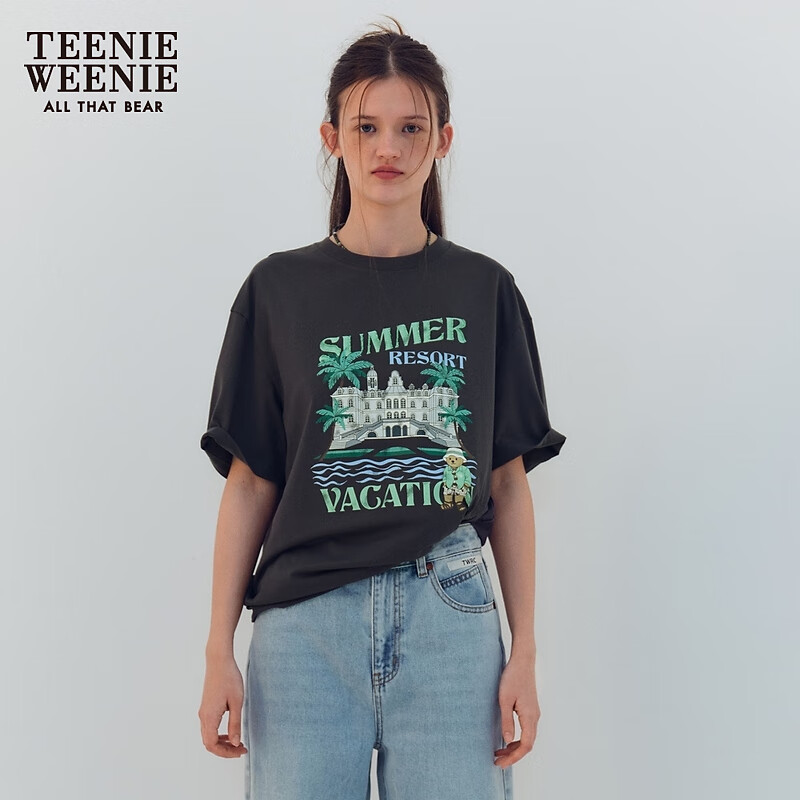 Teenie Weenie小熊女装2024夏季休闲度假风轻薄宽松短袖T恤衫 煤灰色 160/S