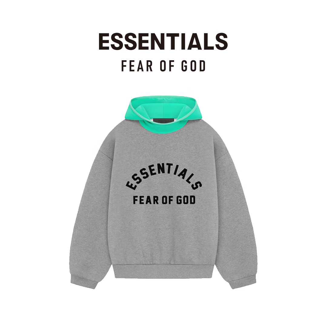 FEAR OF GOD ESSENTIALS拉丝正中弧形大徽标拼接帽连帽卫衣美式高街潮牌薄荷曼波外套 深麦灰/薄叶绿 XL