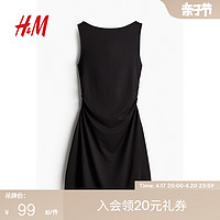 H&M HM女裝連衣裙2024夏季 修身無袖喇叭裙擺碎褶時尚短裙1219245