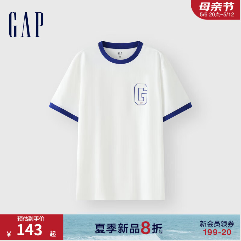 Gap男女装2024夏季纯棉logo撞色领袖口短袖T恤简约上衣502314 白色 175/96A(L) 亚洲尺码