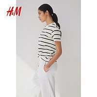 H&M 女装T恤2024夏季新品简约雾霾色系圆领短袖上衣内搭0963662 白色/海军蓝条纹 160/88