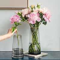 京东鲜花 轻奢描金玻璃花瓶插花摆件客厅透明水养现代简约水培鲜花玫瑰
