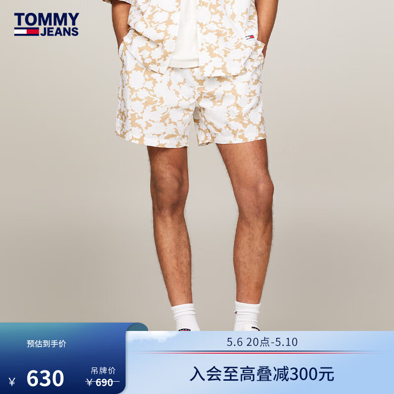 TOMMY JEANS 24春夏男装纯棉海边度假风满印抽绳腰运动短裤18805 白色卡其印花0K4 XS