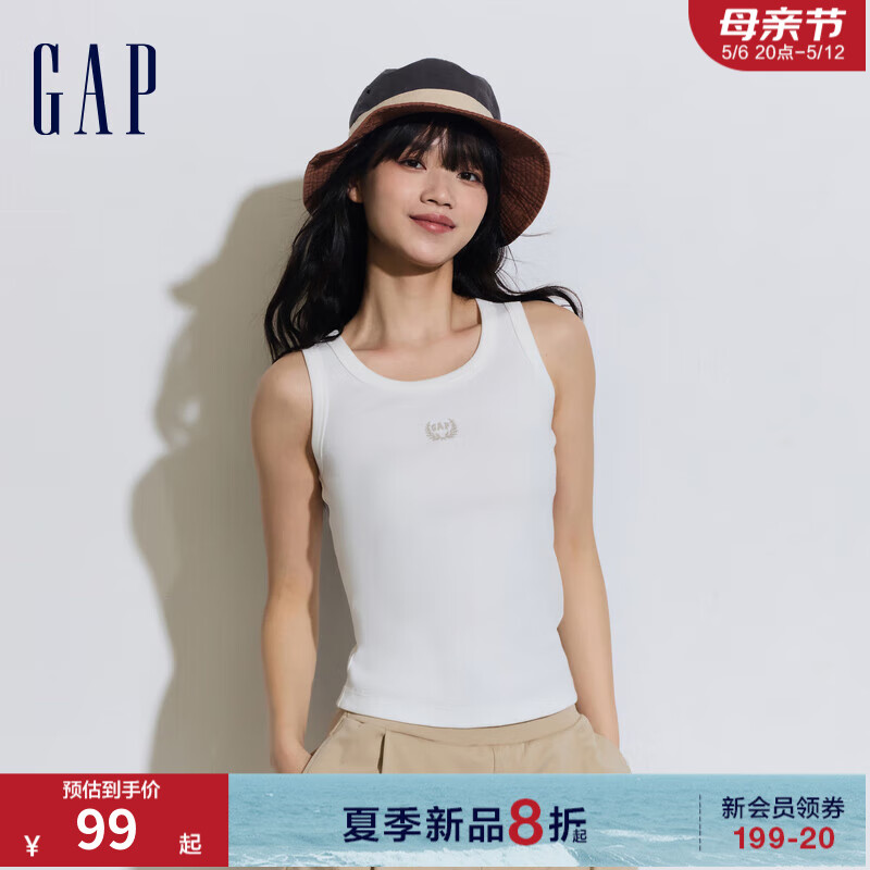 Gap女装2024夏季罗纹弹力圆领背心舒适修身无袖上衣429372 白色 170/88A(L) 亚洲尺码
